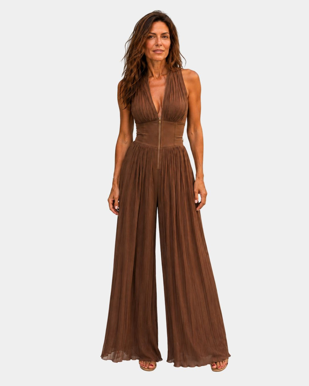 Héluise | Plissierte Chiffon-Jumpsuit in Braun