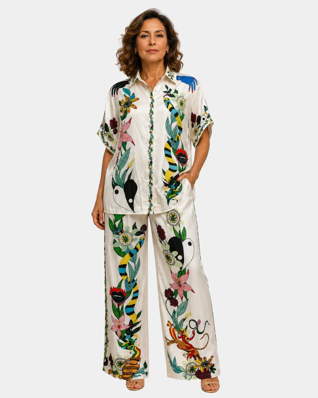 Anastaise | Ensemble Bluse und Hose mit Satin-Effekt