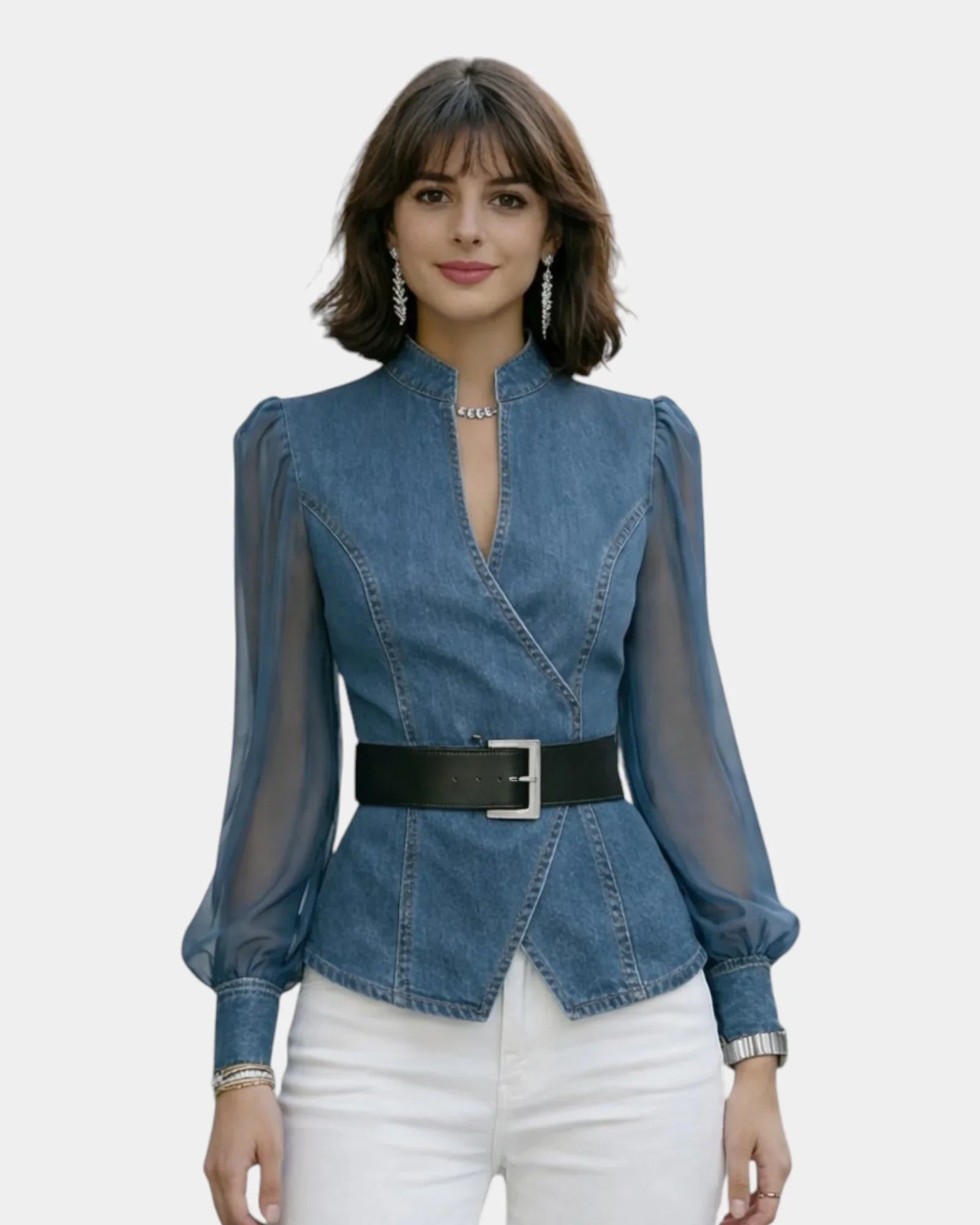 Alizée | Denim-Oberteil mit leichten Chiffonärmeln