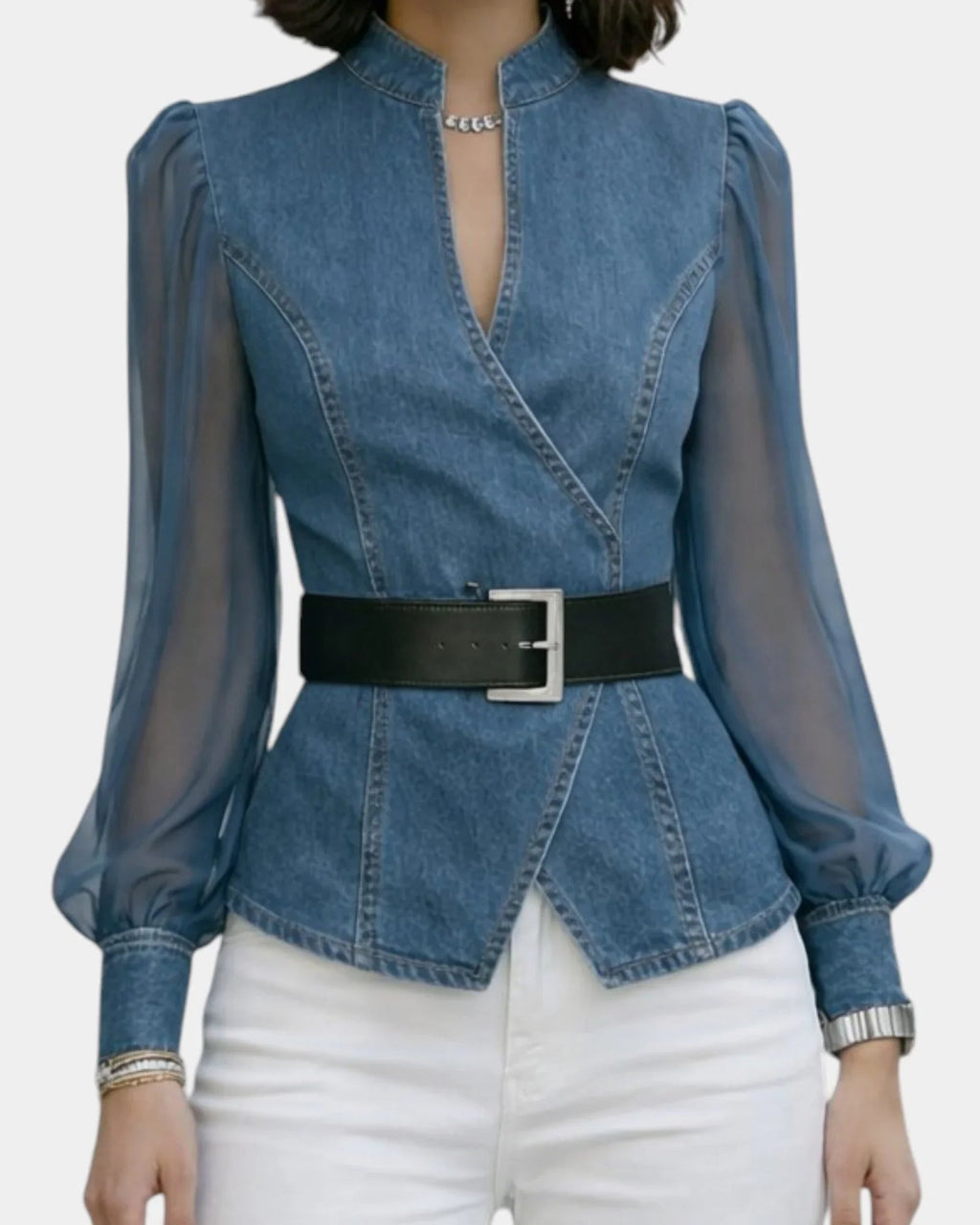 Alizée | Denim-Oberteil mit leichten Chiffonärmeln