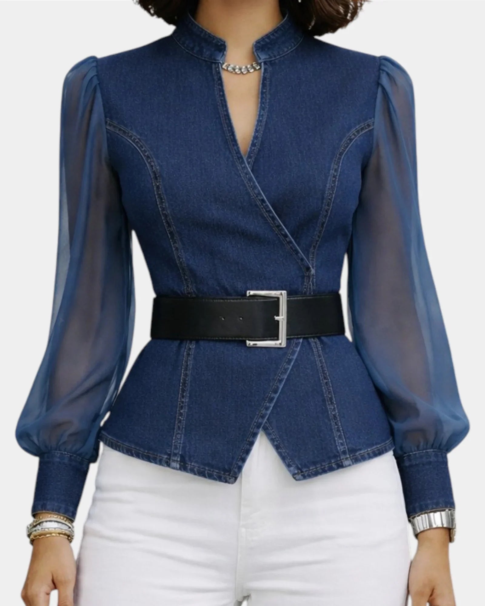 Alizée | Denim-Oberteil mit leichten Chiffonärmeln