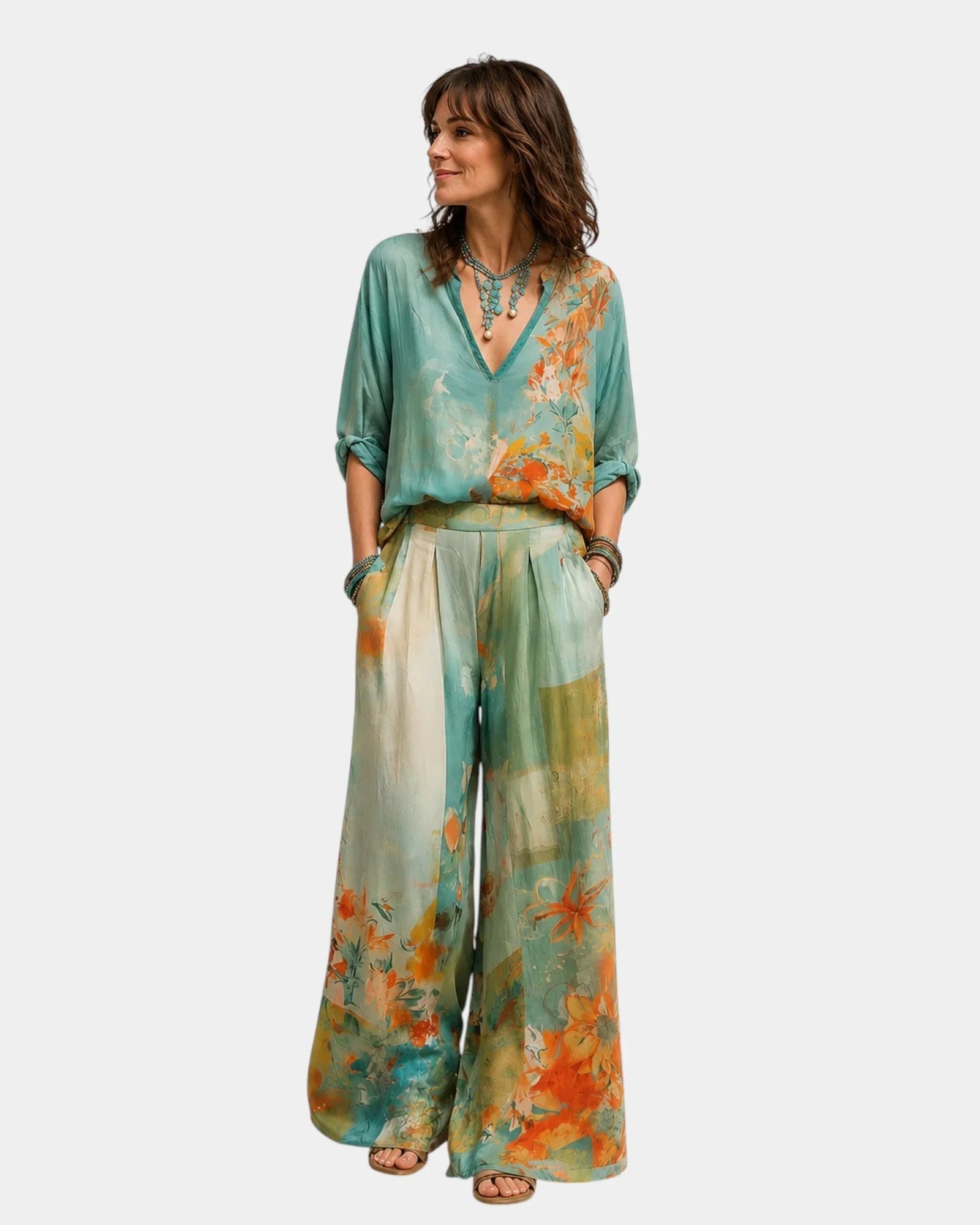 Célidora | Elegantes Set mit floralem Druck und weitem Hosen