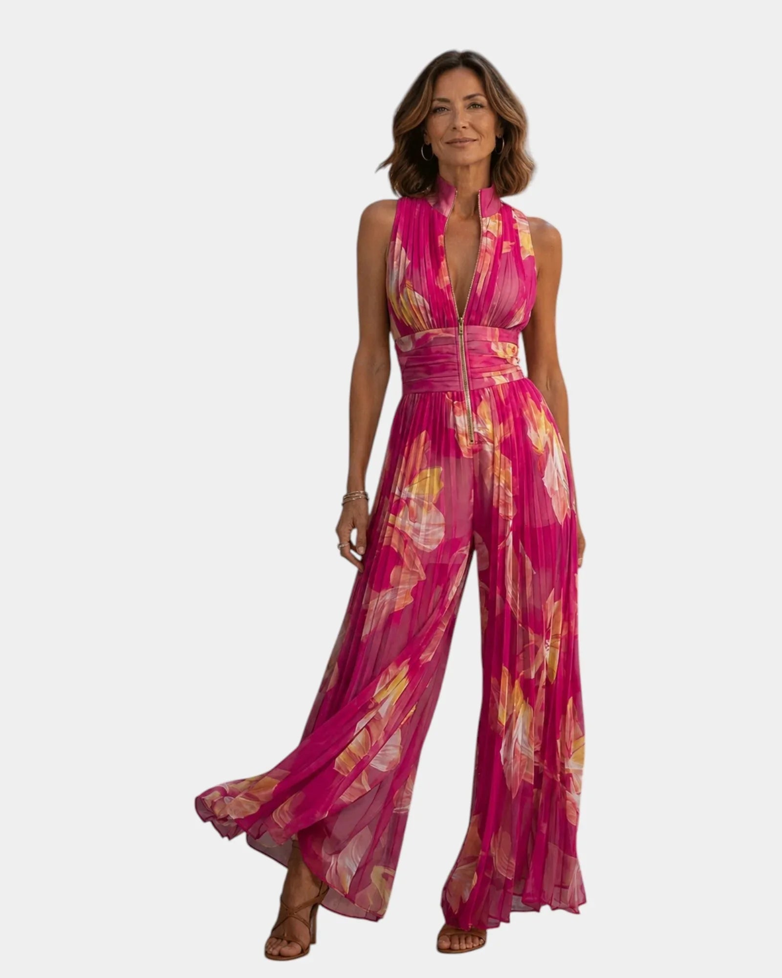 Shana | Fuchsia Blumenplissee-Jumpsuit