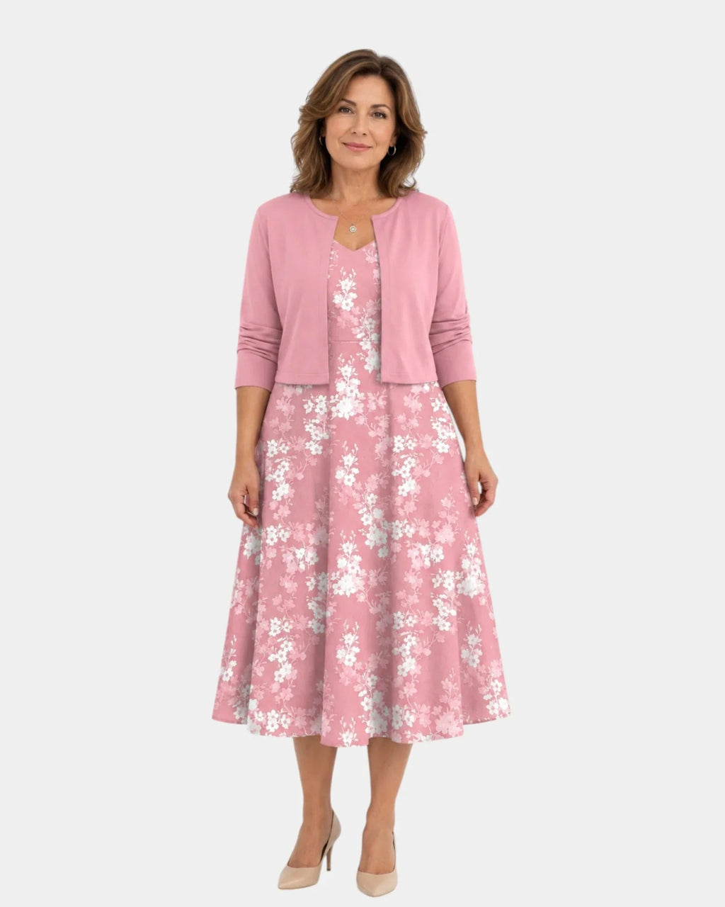 Guilaine | Ensemble mit blumigem Kleid und leichtem Cardigan
