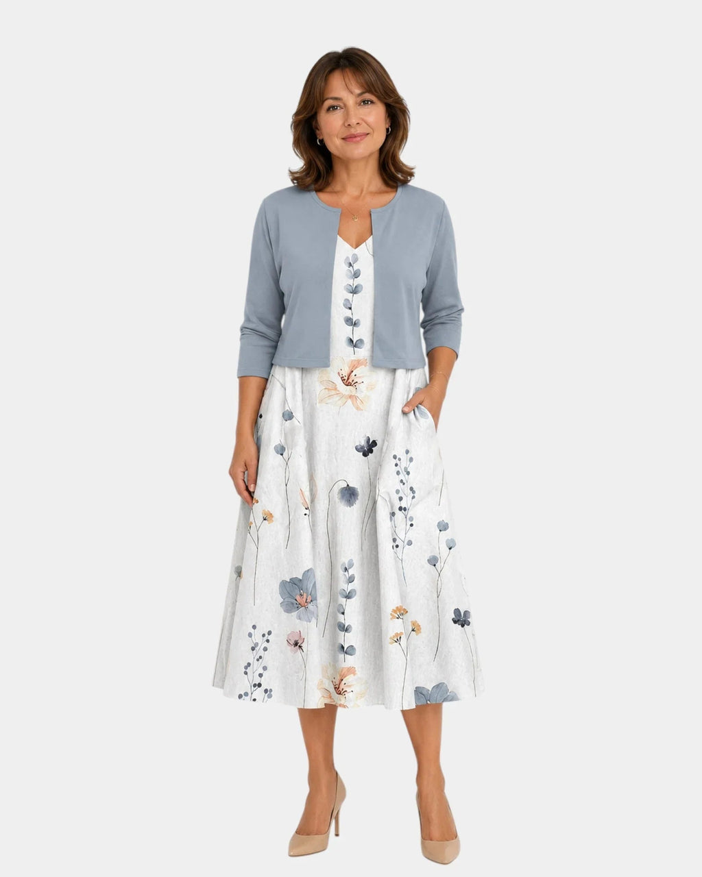 Guilaine | Ensemble mit blumenkleid und leichter Strickjacke